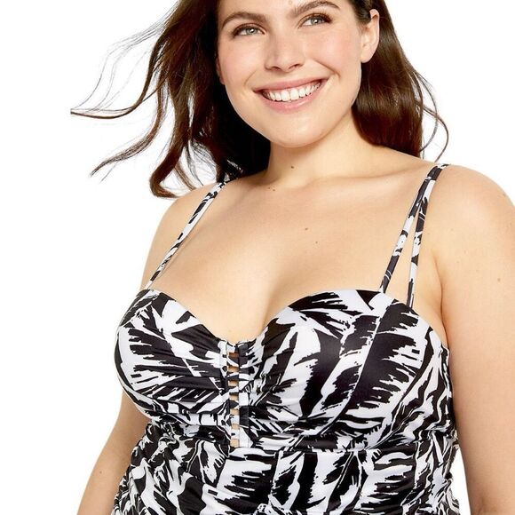 Lane Bryant Black & White Palm Leaves Relaxed Underwire Swim Tankini Top 40DD NW - Picture 4 of 16